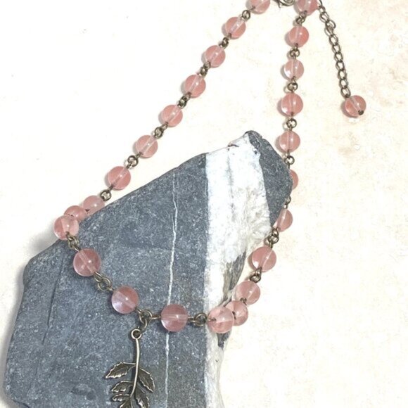 Cute Cherry Quartz Bronze Leaf Branch Pendant Adjustable Choker - Picture 6 of 16